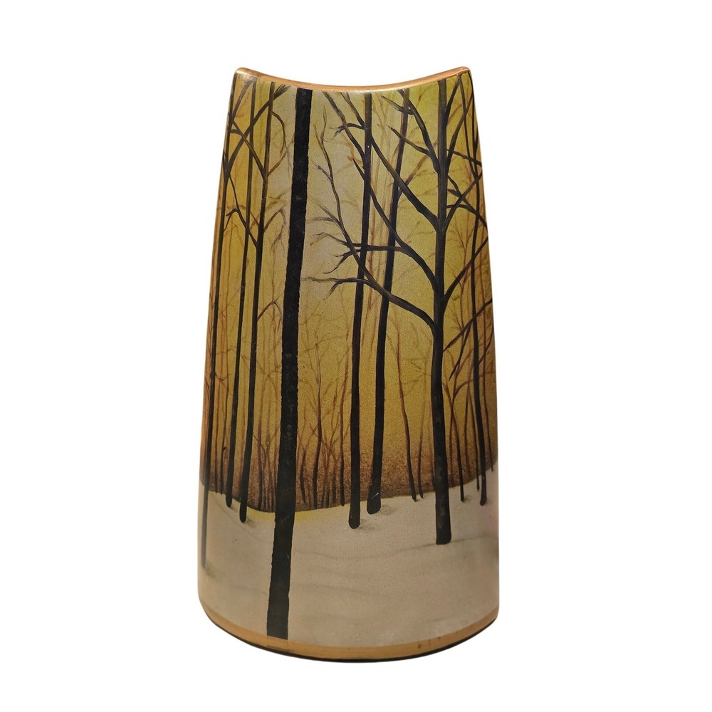Modern Ceramic Winter Forest Tree‎ Scene Boat Shaped Vase Gold Rim 11 Inch